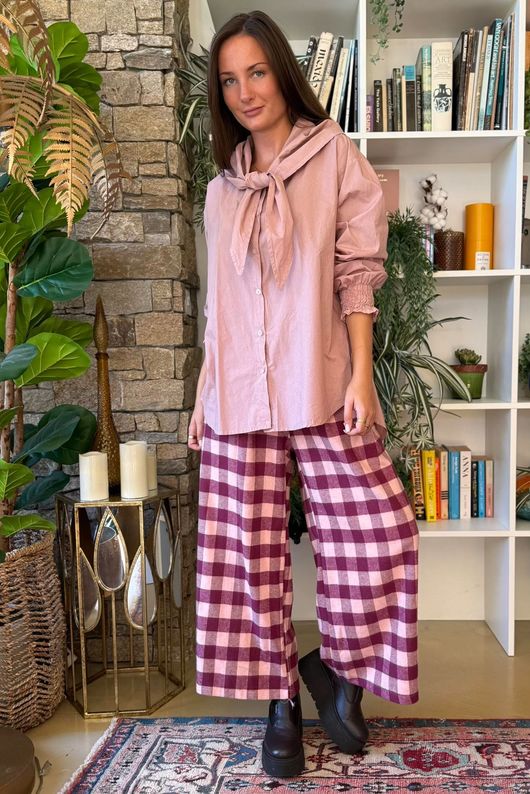 Nora Brushed Cotton Gingham Kick Pant Aubergine